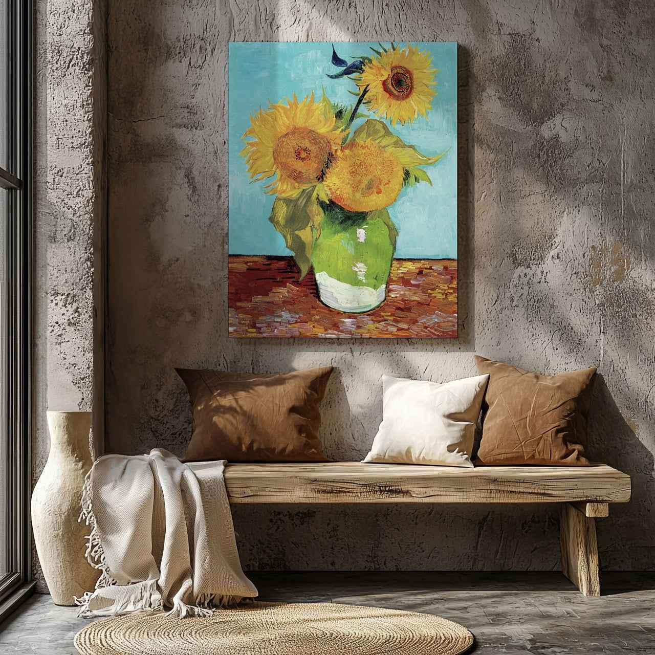 Vase with Three Sunflowers - Vincent van Gogh - Framed Canvas Wall Art Print-1