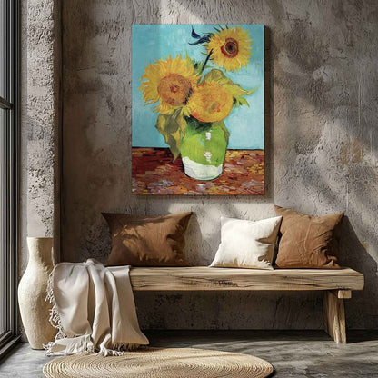 Vase with Three Sunflowers - Vincent van Gogh - Framed Canvas Wall Art Print-1
