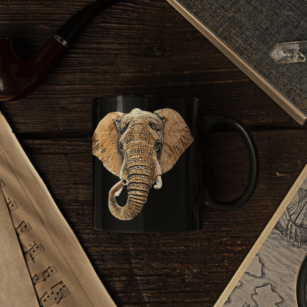 Elephant 15oz Large Black Ceramic Mug III - HD Printing