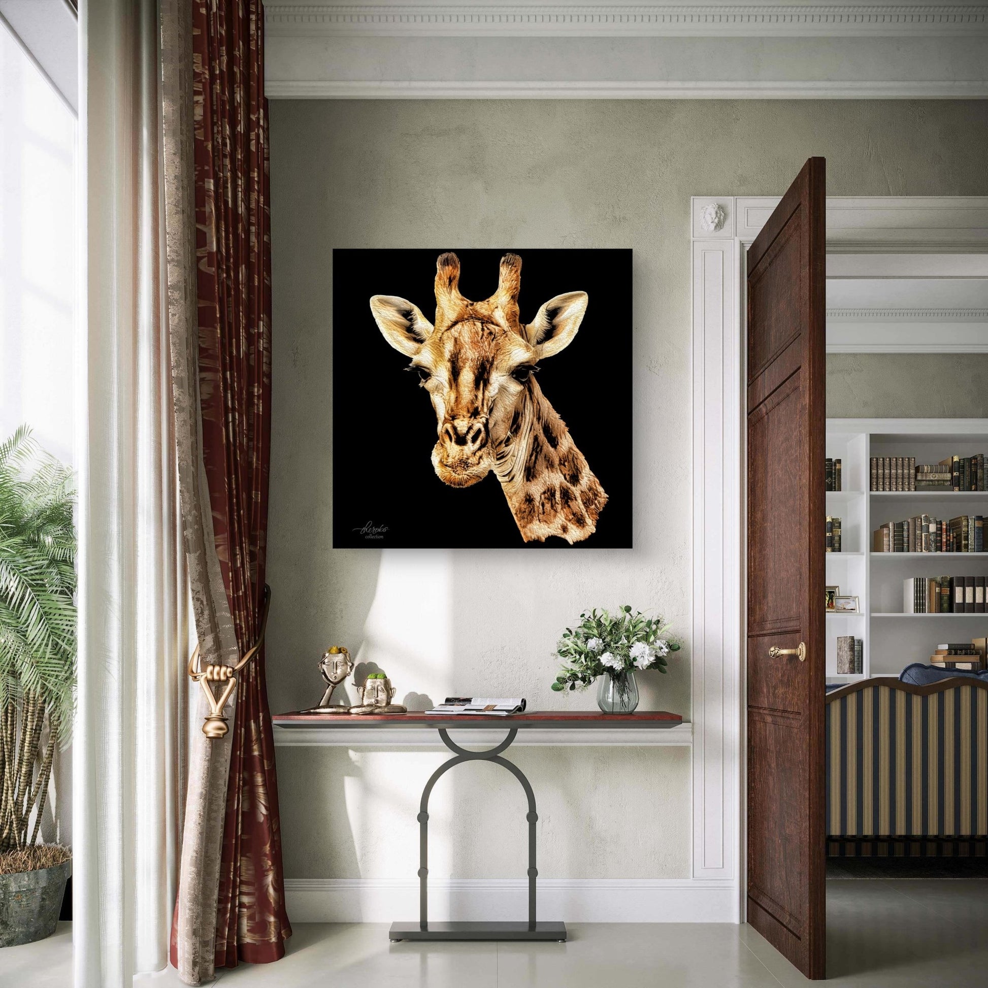 Giraffe Satin Stretched Black Canvas Print - HD Printing