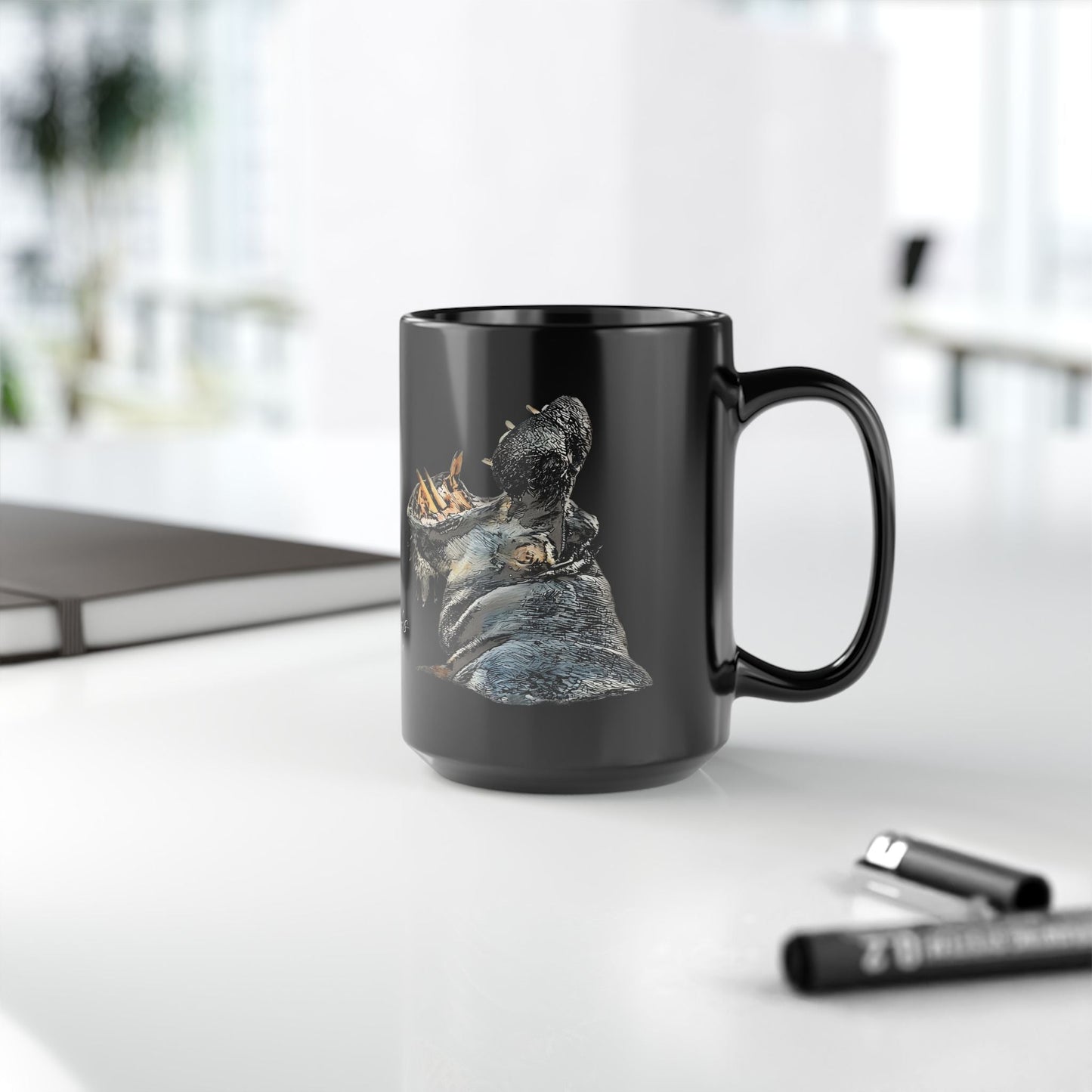 Hippo 15oz Black Ceramic Coffee Mug - HD Printing