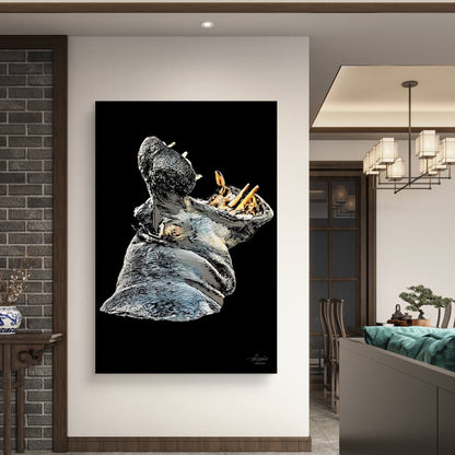 Hippo Satin Stretched Black Canvas Print - HD Printing