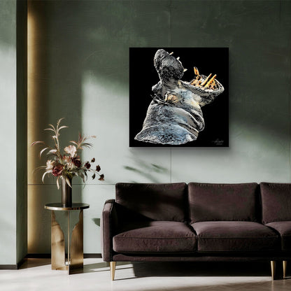 Hippo Satin Stretched Black Canvas Print - HD Printing