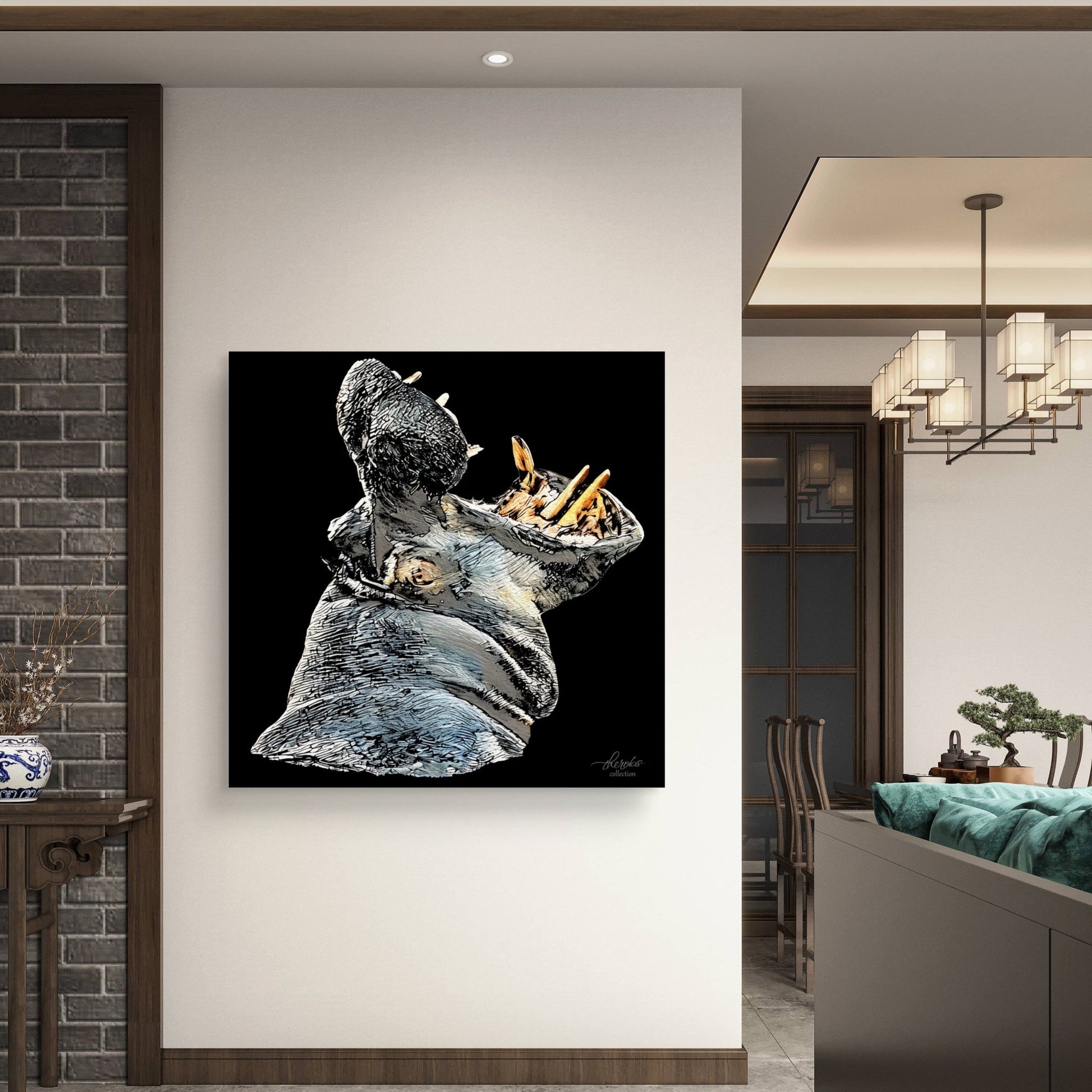 Hippo Satin Stretched Black Canvas Print - HD Printing