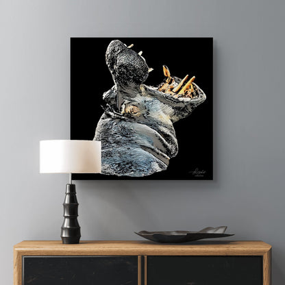 Hippo Satin Stretched Black Canvas Print - HD Printing