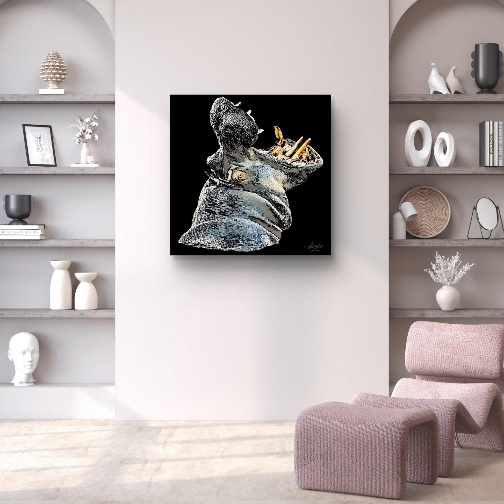 Hippo Satin Stretched Black Canvas Print - HD Printing