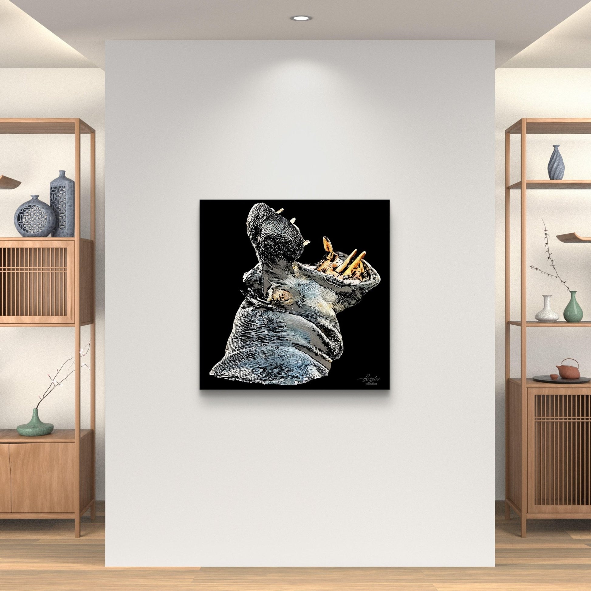 Hippo Satin Stretched Black Canvas Print - HD Printing