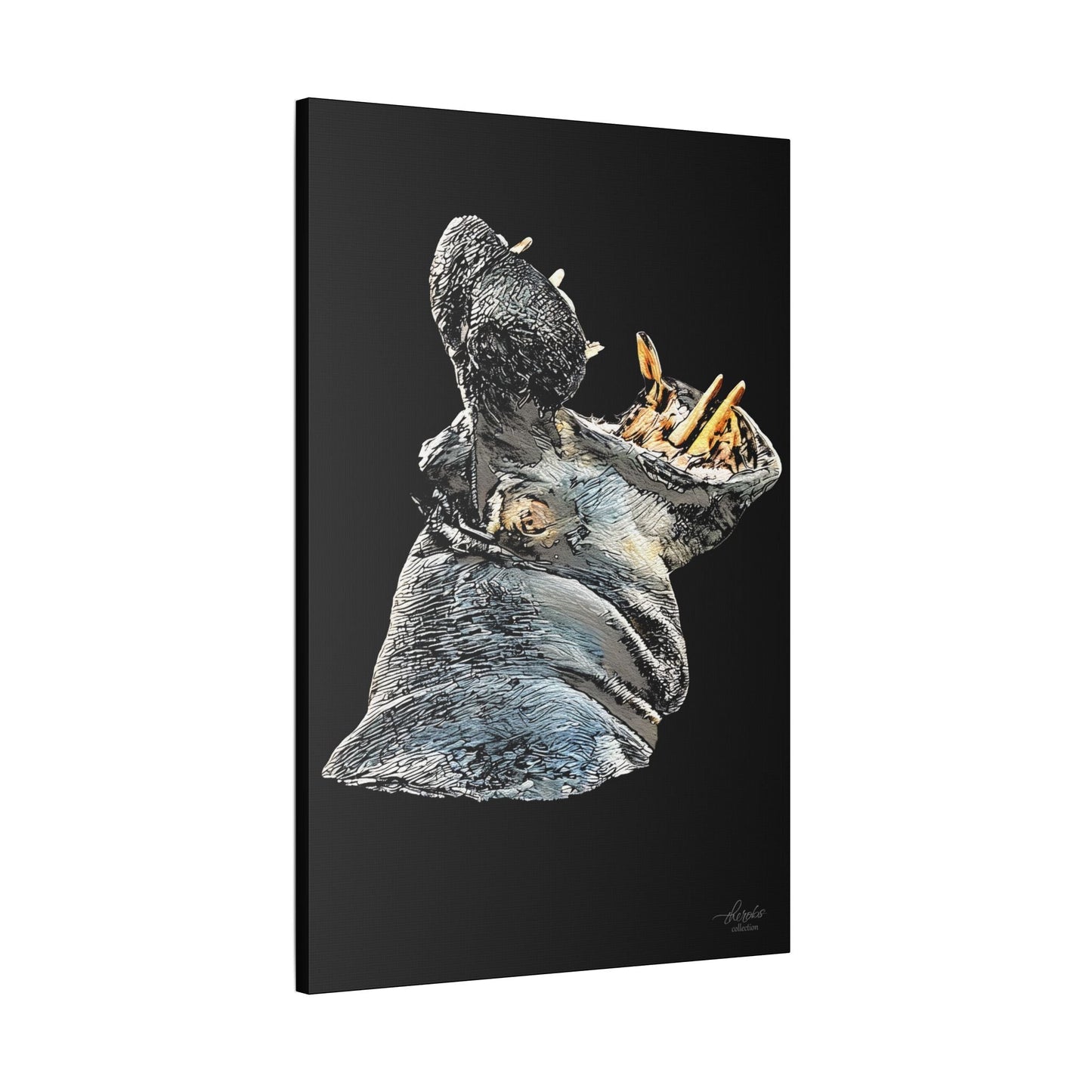 Hippo Satin Stretched Black Canvas Print - HD Printing