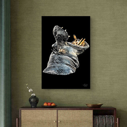 Hippo Satin Stretched Black Canvas Print - HD Printing