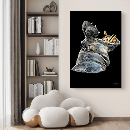 Hippo Satin Stretched Black Canvas Print - HD Printing