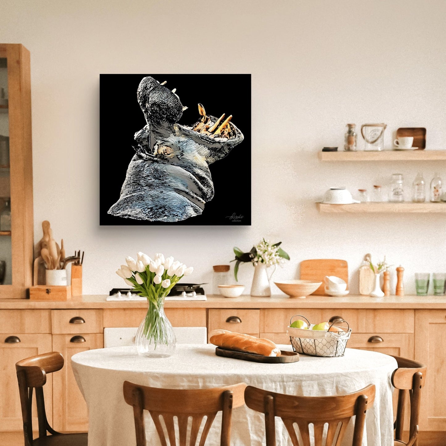 Hippo Satin Stretched Black Canvas Print - HD Printing