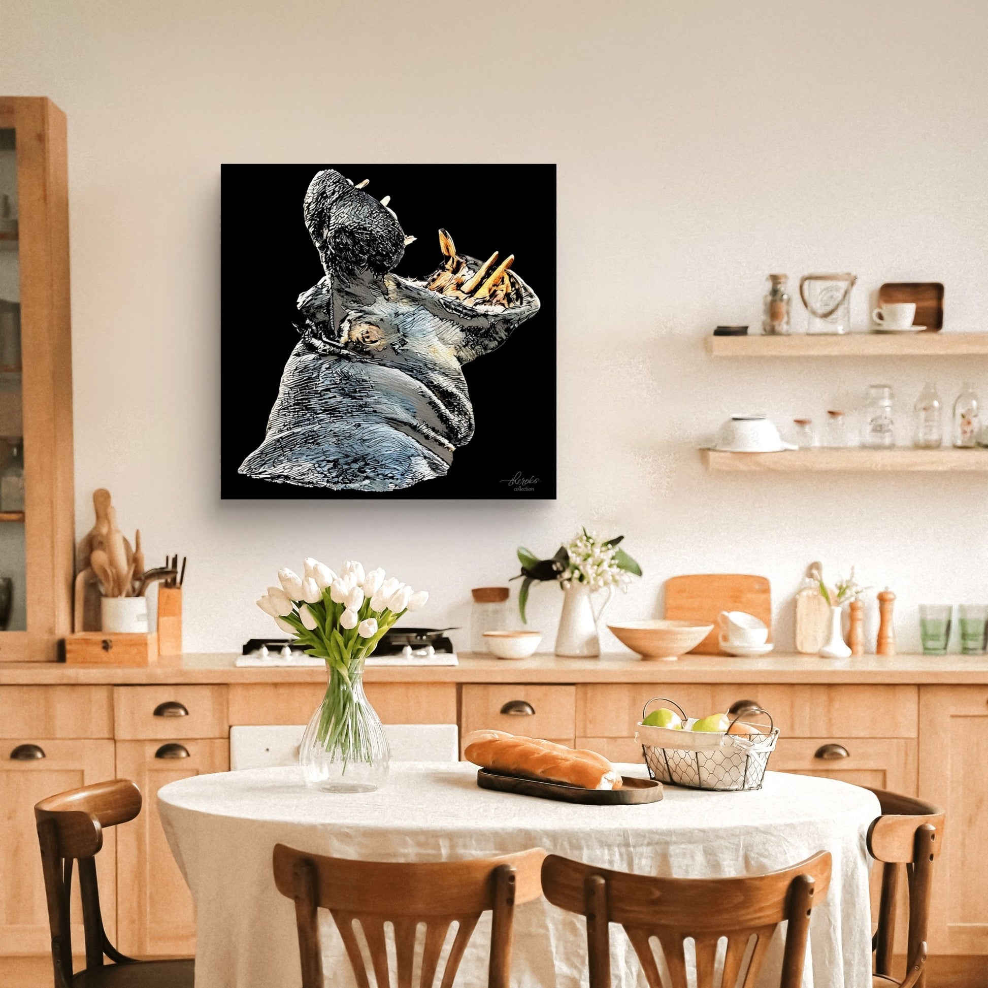 Hippo Satin Stretched Black Canvas Print - HD Printing
