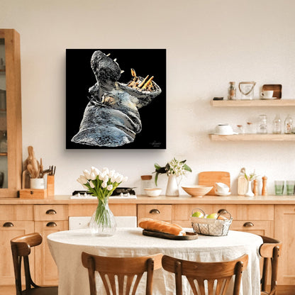Hippo Satin Stretched Black Canvas Print - HD Printing