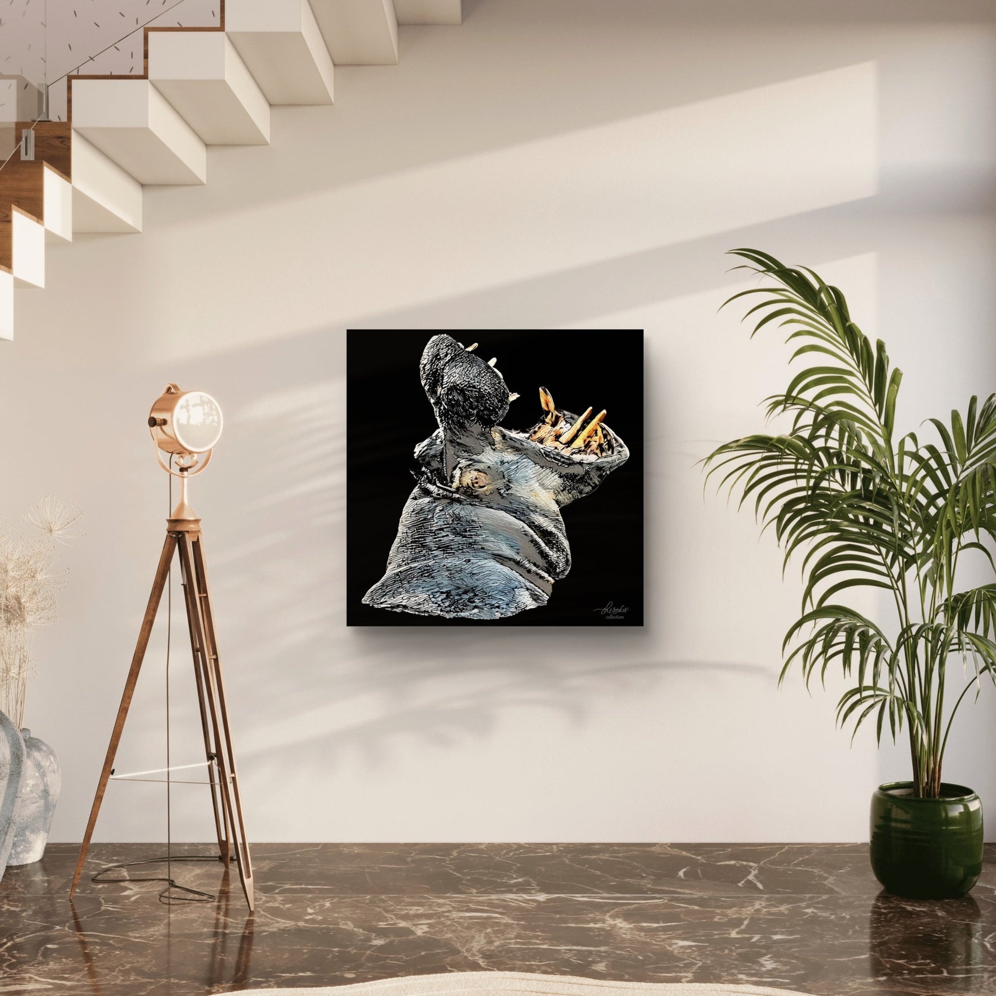 Hippo Satin Stretched Black Canvas Print - HD Printing