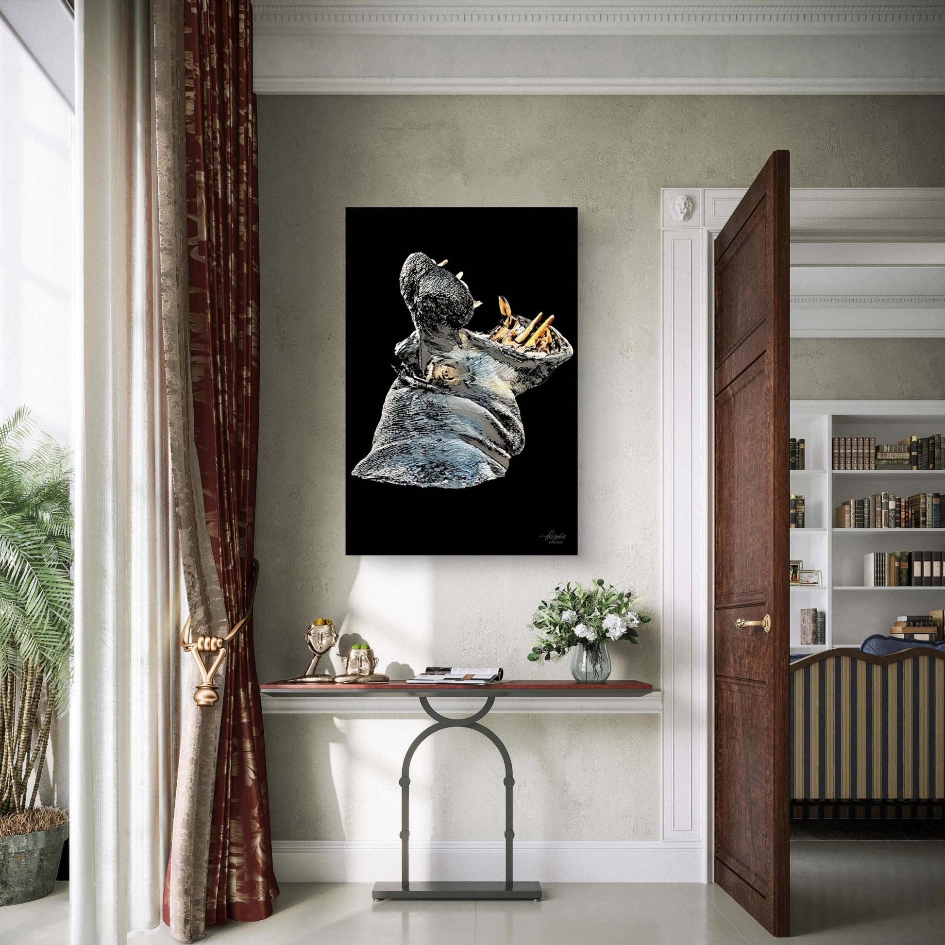 Hippo Satin Stretched Black Canvas Print - HD Printing