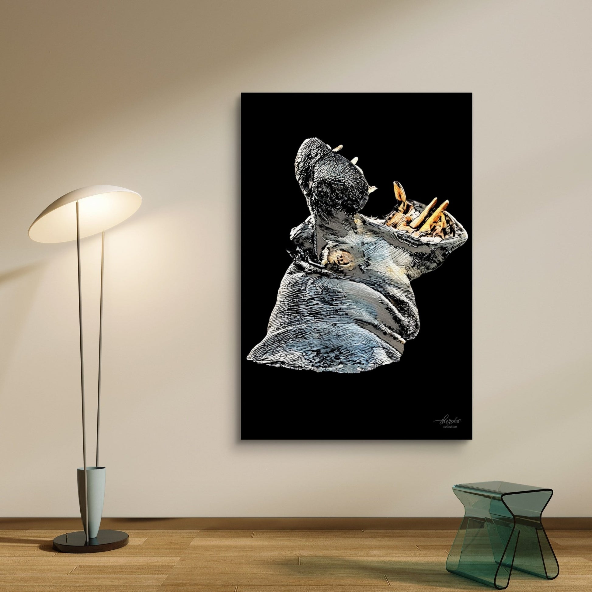 Hippo Satin Stretched Black Canvas Print - HD Printing
