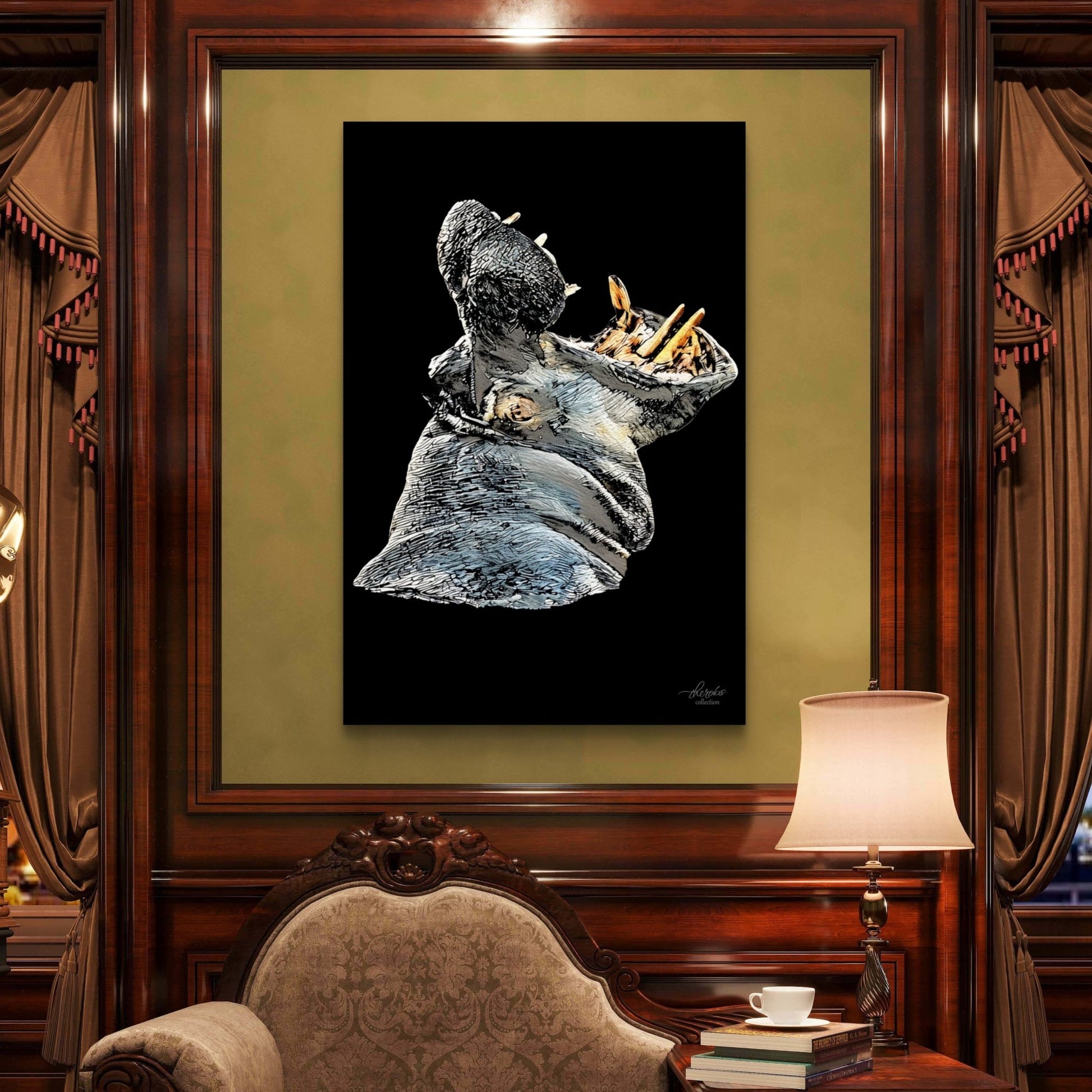 Hippo Satin Stretched Black Canvas Print - HD Printing