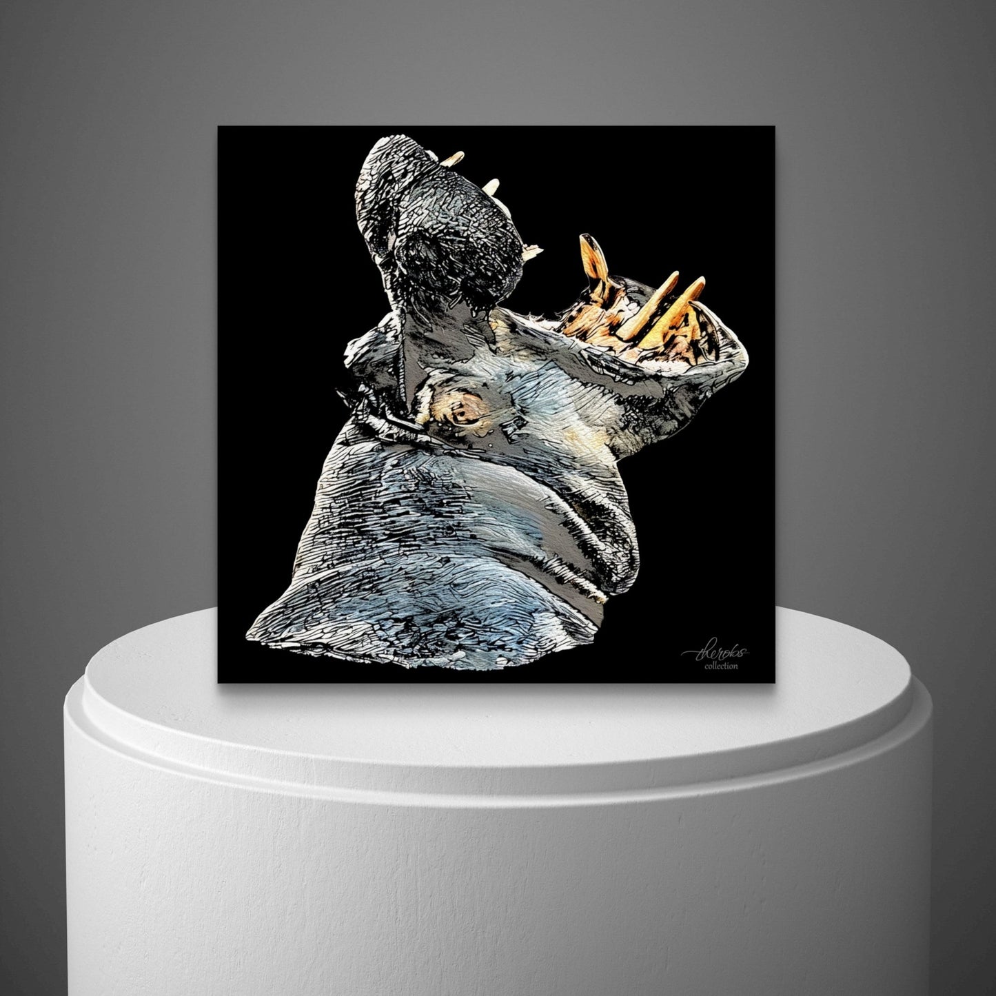 Hippo Satin Stretched Black Canvas Print - HD Printing