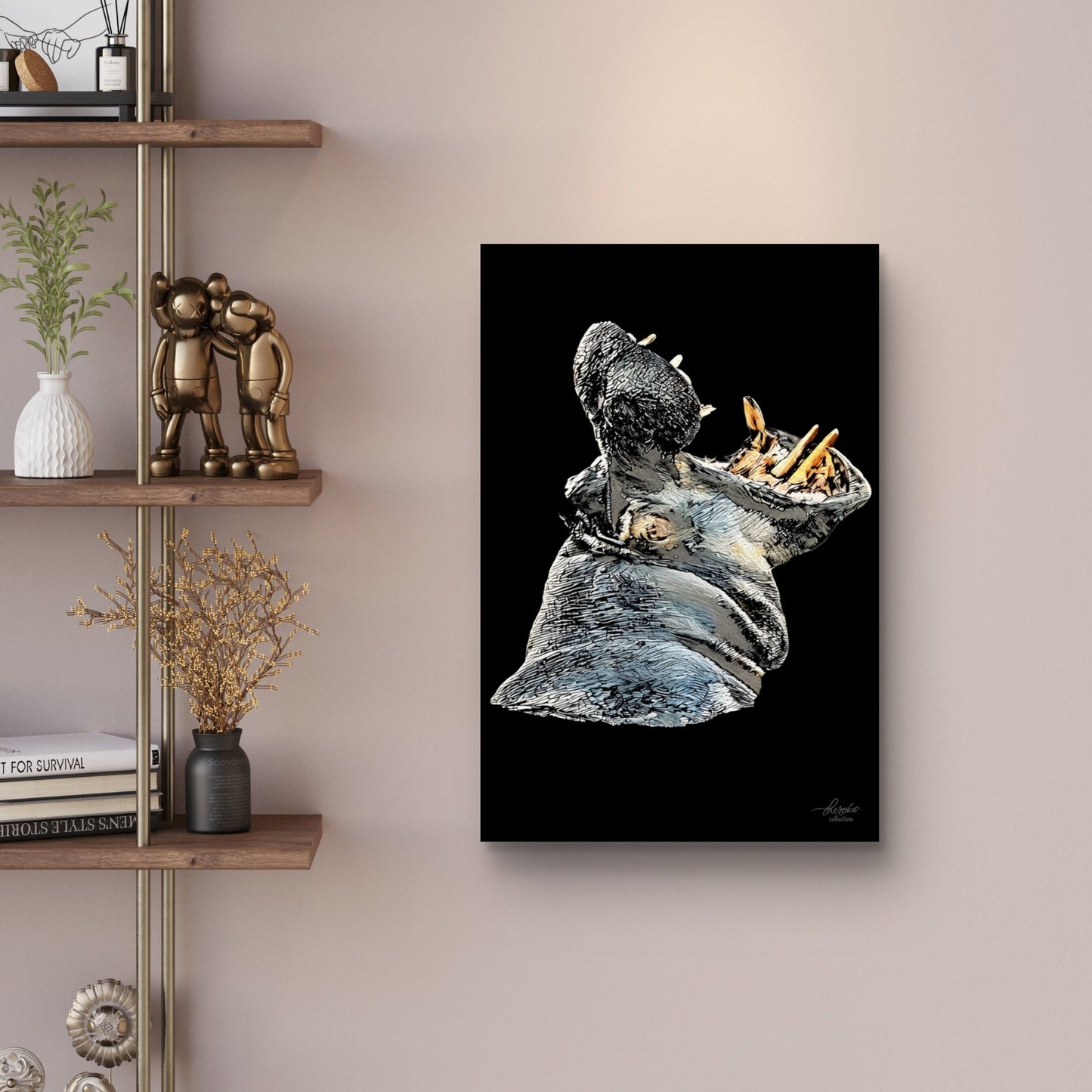 Hippo Satin Stretched Black Canvas Print - HD Printing