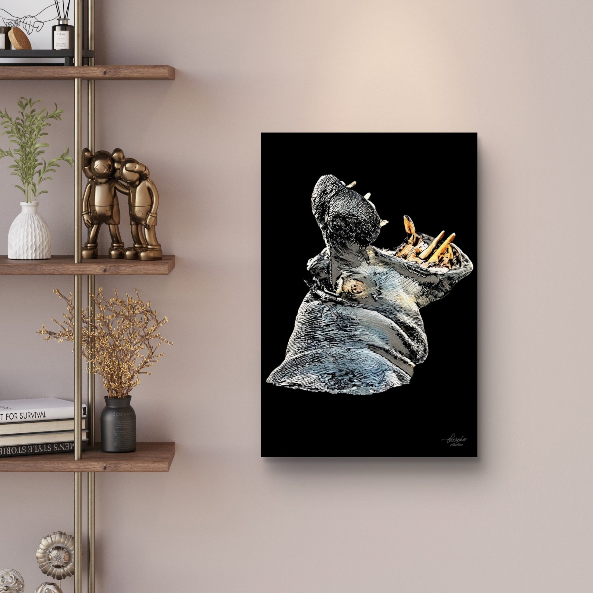Hippo Satin Stretched Black Canvas Print - HD Printing