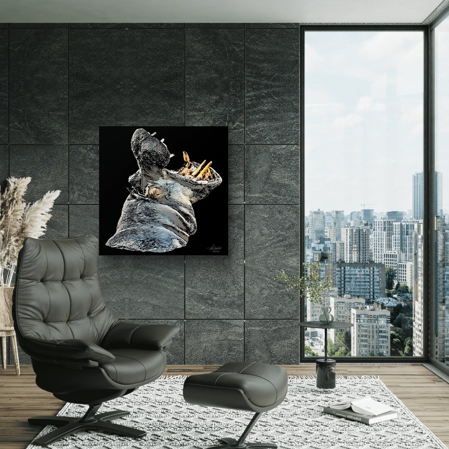 Hippo Satin Stretched Black Canvas Print - HD Printing