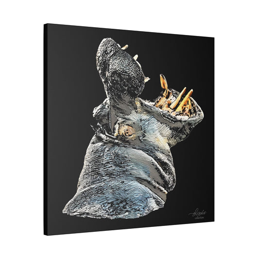 Hippo Satin Stretched Black Canvas Print - HD Printing