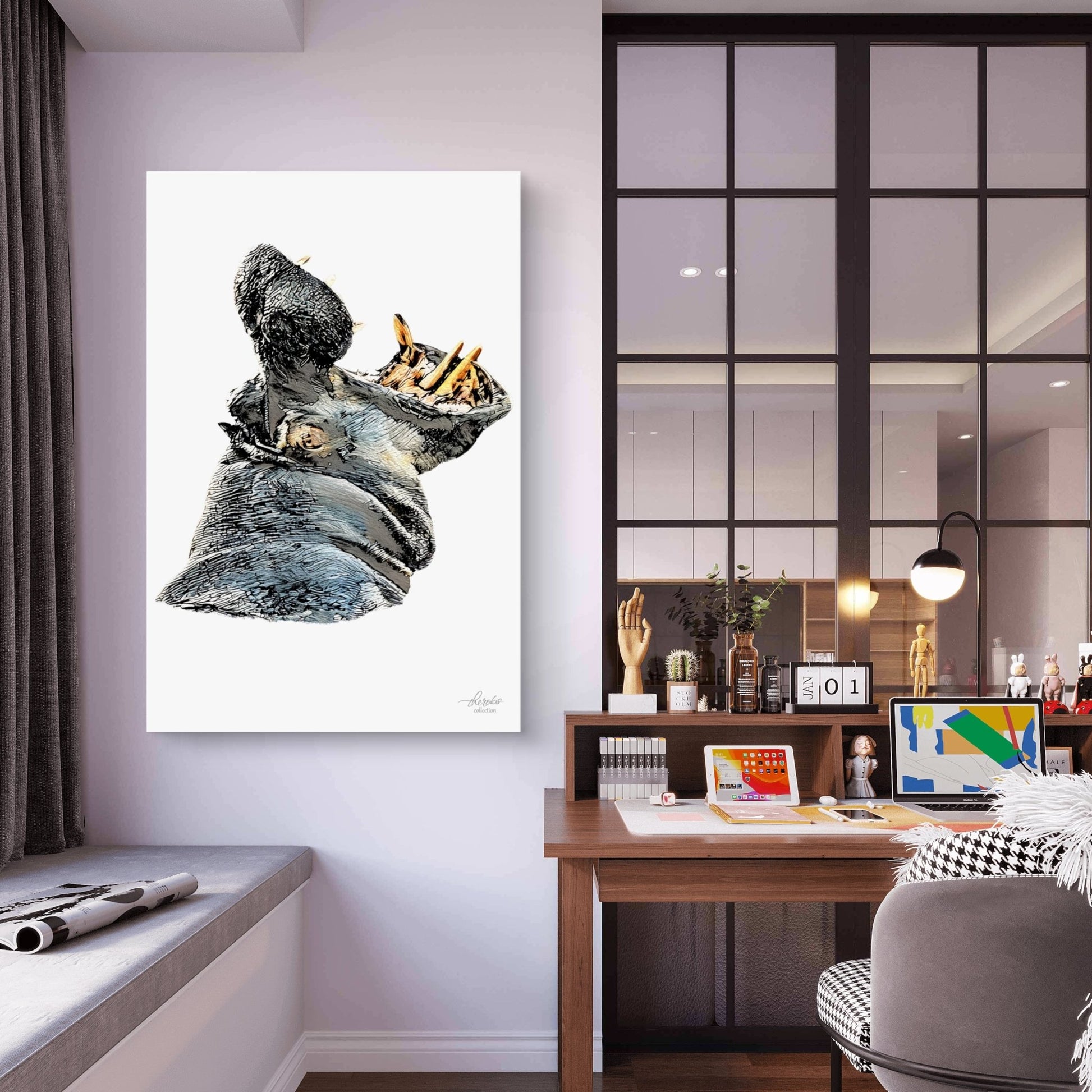 Hippo Satin Stretched Canvas Print - HD Printing