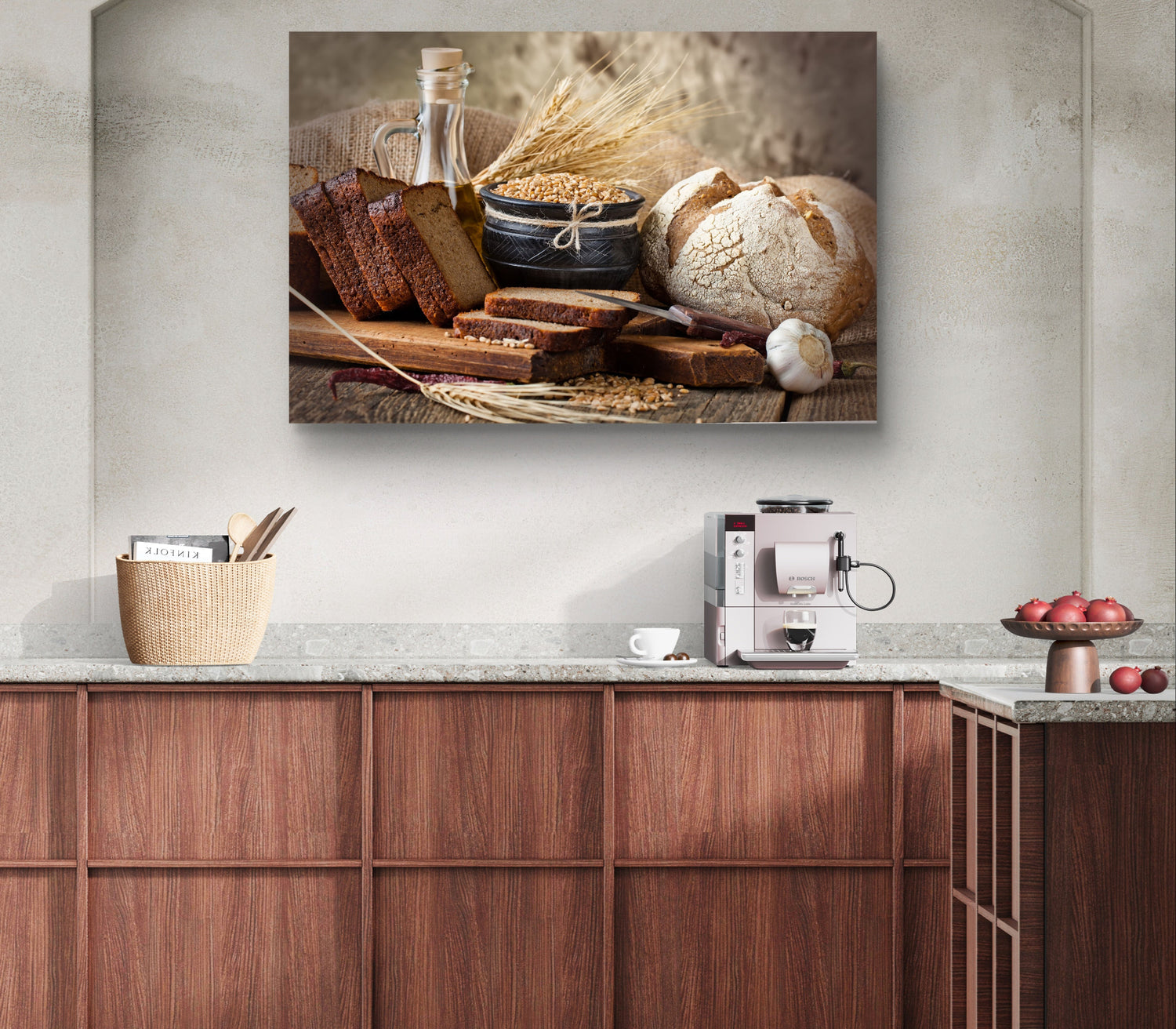 Kitchen interior with a painting of bread and grains on the wall.