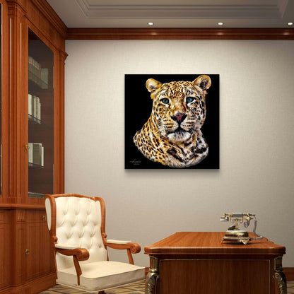 Leopard Satin Stretched Black Canvas Print II - HD Printing