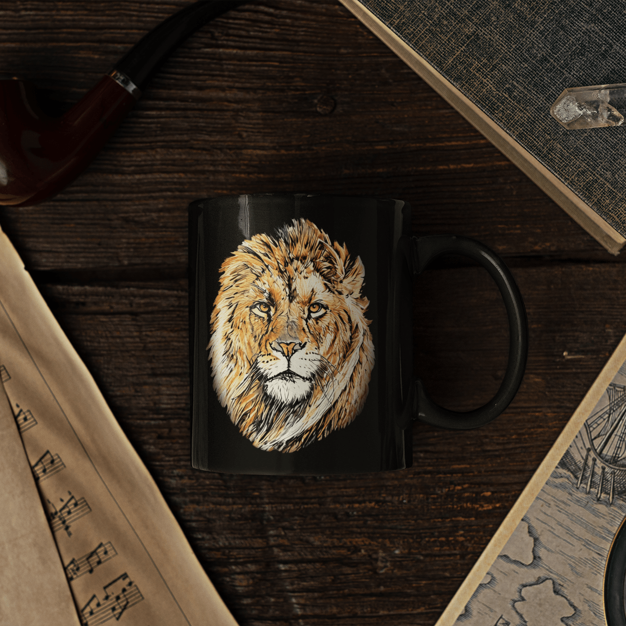 Lion 15oz Large Black Ceramic Mug - HD Printing