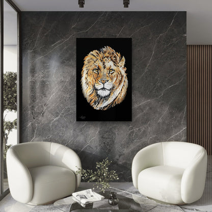 Lion Satin Stretched Black Canvas Print - HD Printing