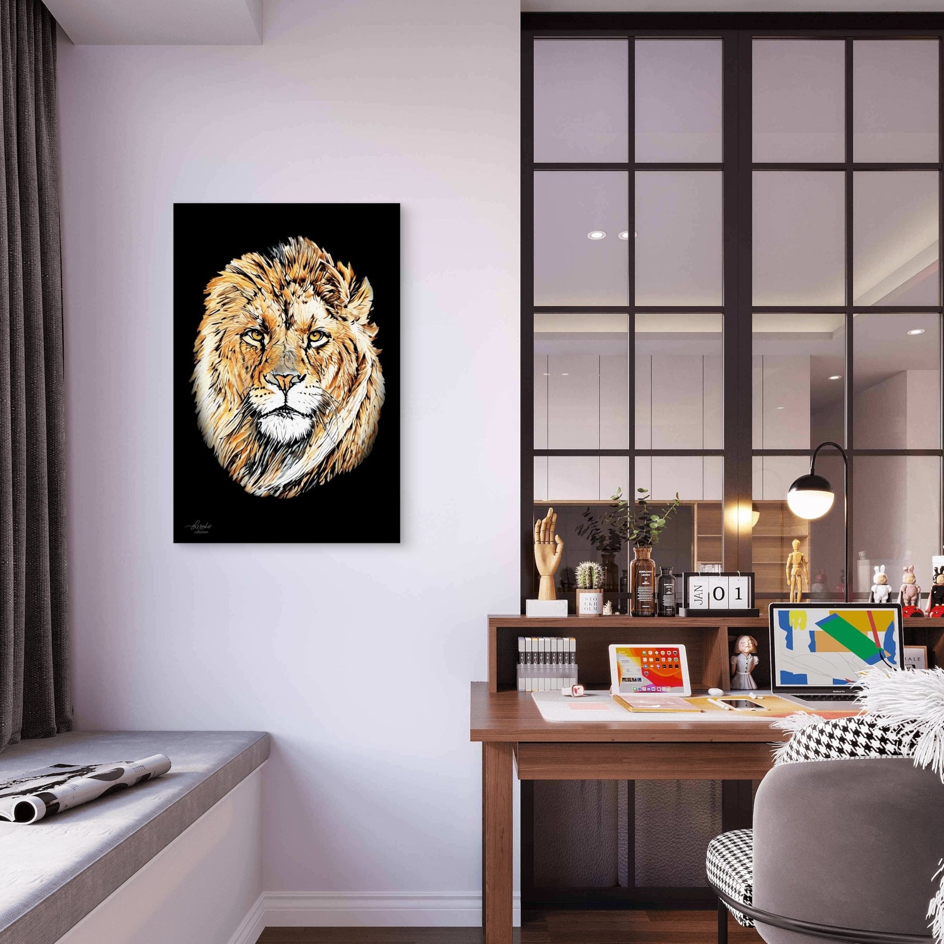 Lion Satin Stretched Black Canvas Print - HD Printing