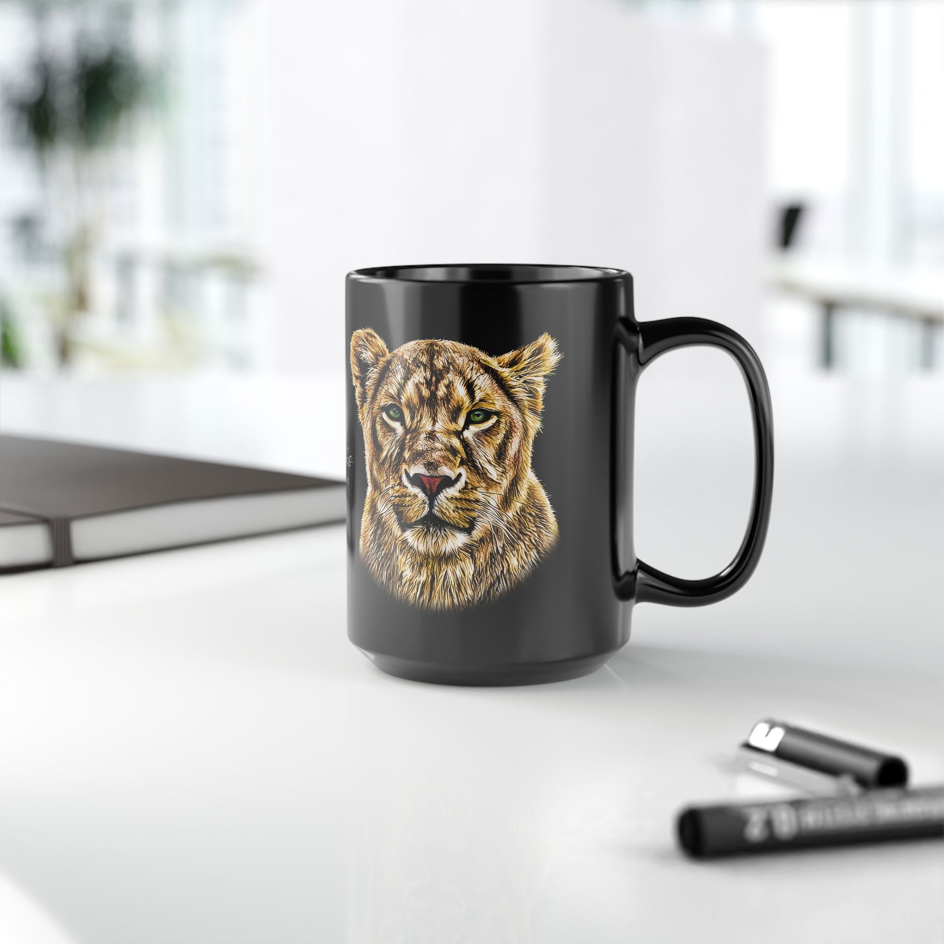 Lioness 15oz Black Ceramic Coffee Mug - HD Printing
