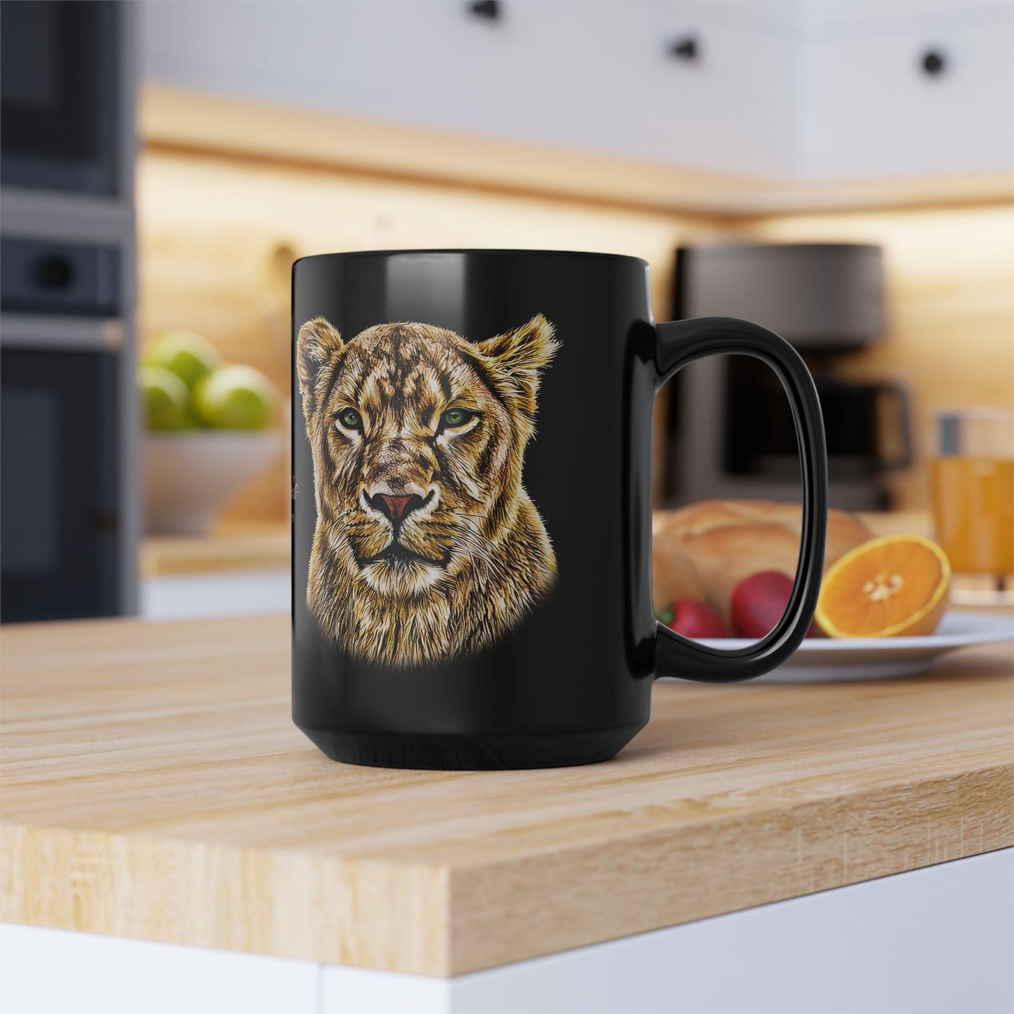 Lioness 15oz Black Ceramic Coffee Mug - HD Printing