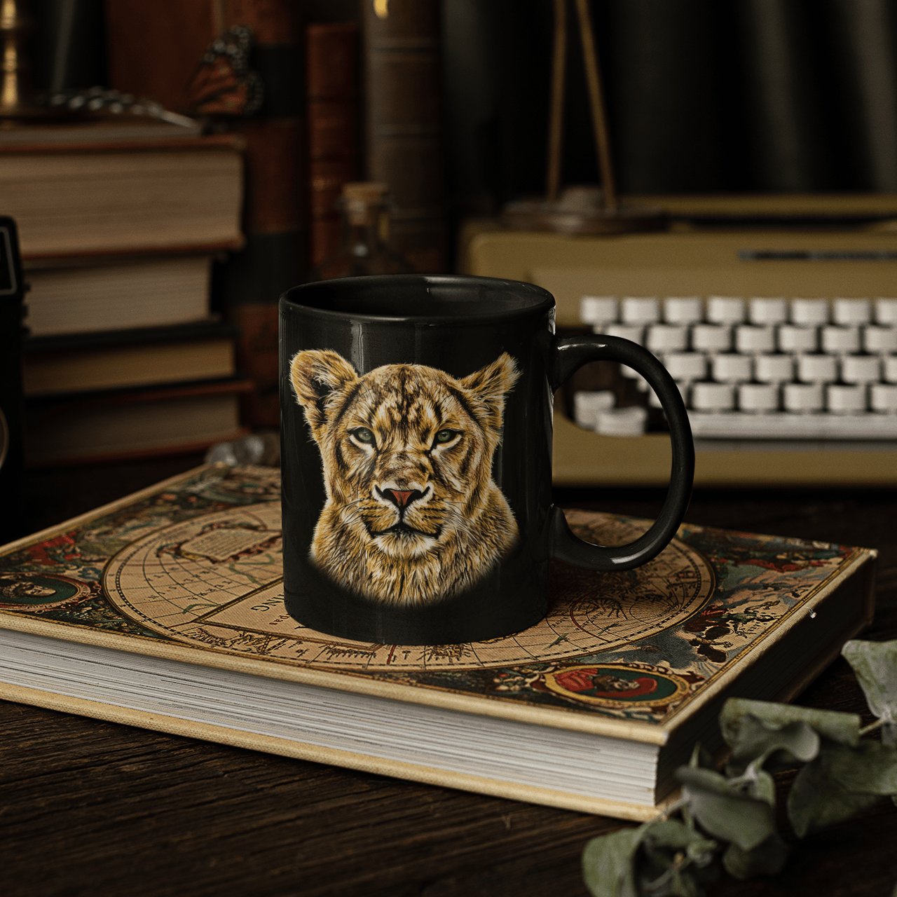 Lioness 15oz Large Black Ceramic Mug - HD Printing