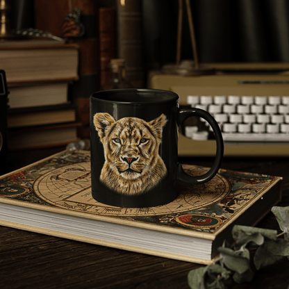 Lioness 15oz Large Black Ceramic Mug - HD Printing