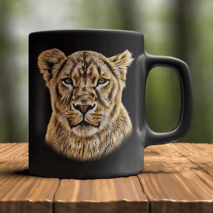 Lioness 15oz Large Black Ceramic Mug - HD Printing