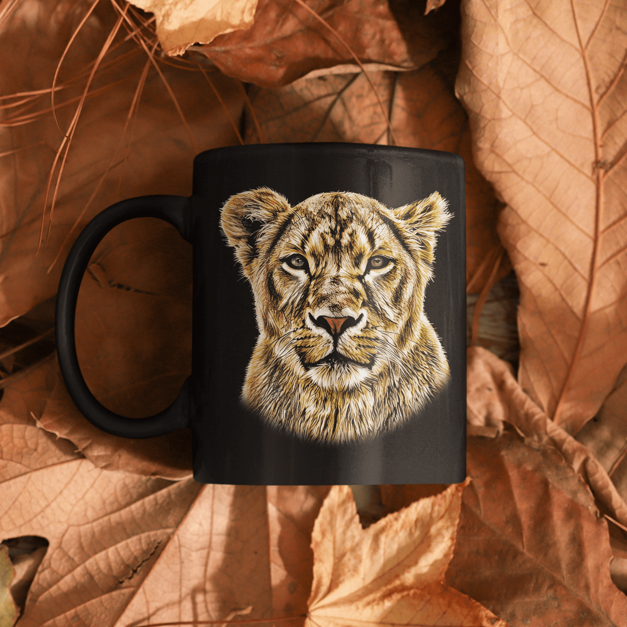 Lioness 15oz Large Black Ceramic Mug - HD Printing