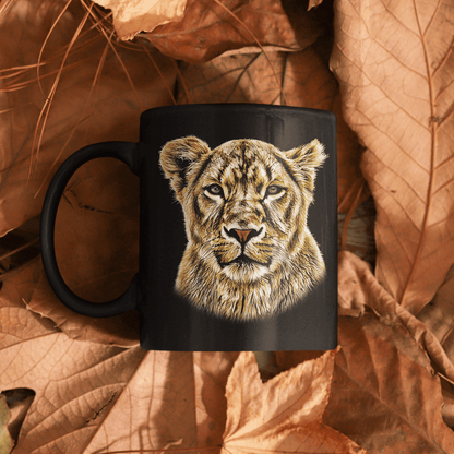 Lioness 15oz Large Black Ceramic Mug - HD Printing