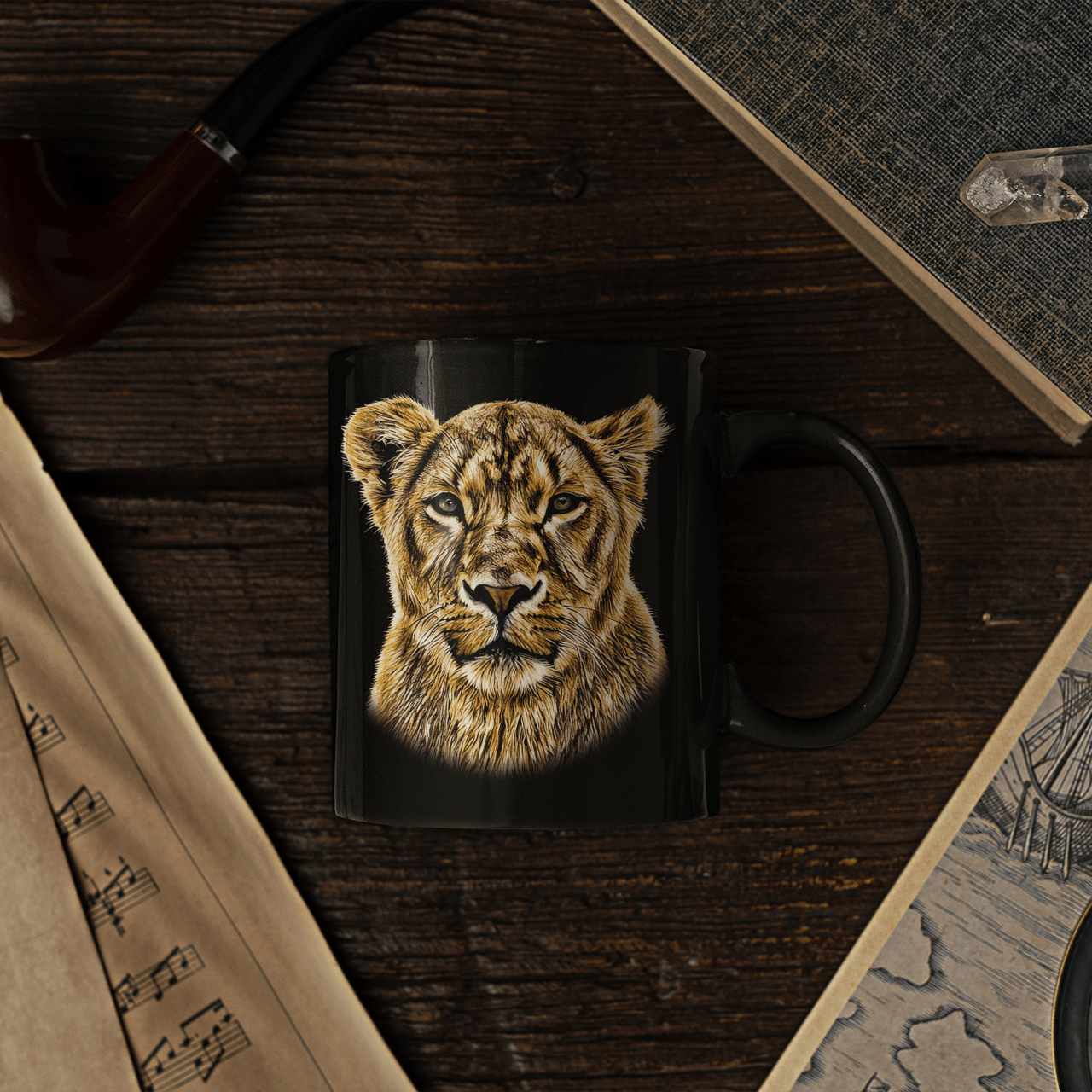 Lioness 15oz Large Black Ceramic Mug - HD Printing