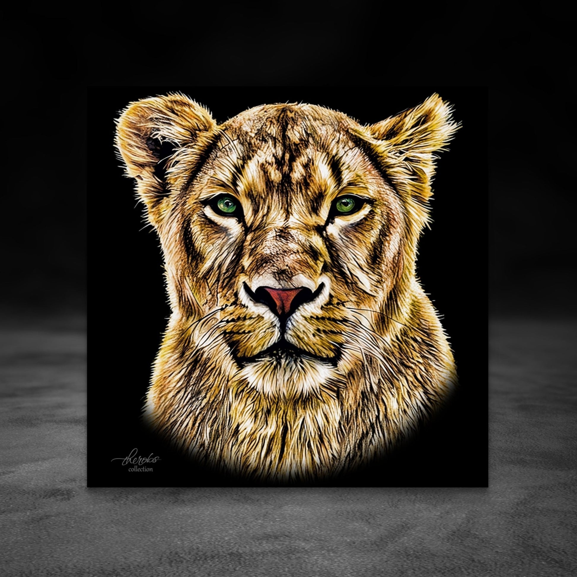 Lioness Satin Stretched Black Canvas Print - HD Printing