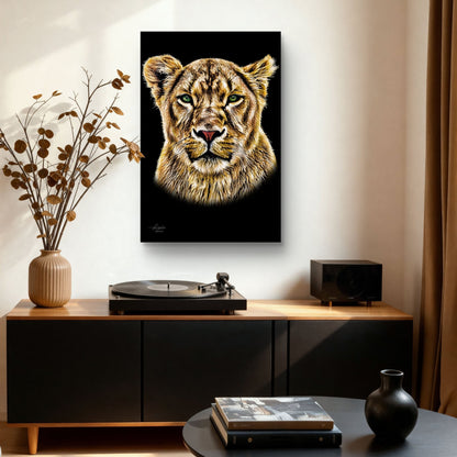 Lioness Satin Stretched Black Canvas Print - HD Printing