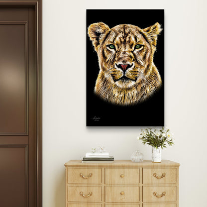 Lioness Satin Stretched Black Canvas Print - HD Printing