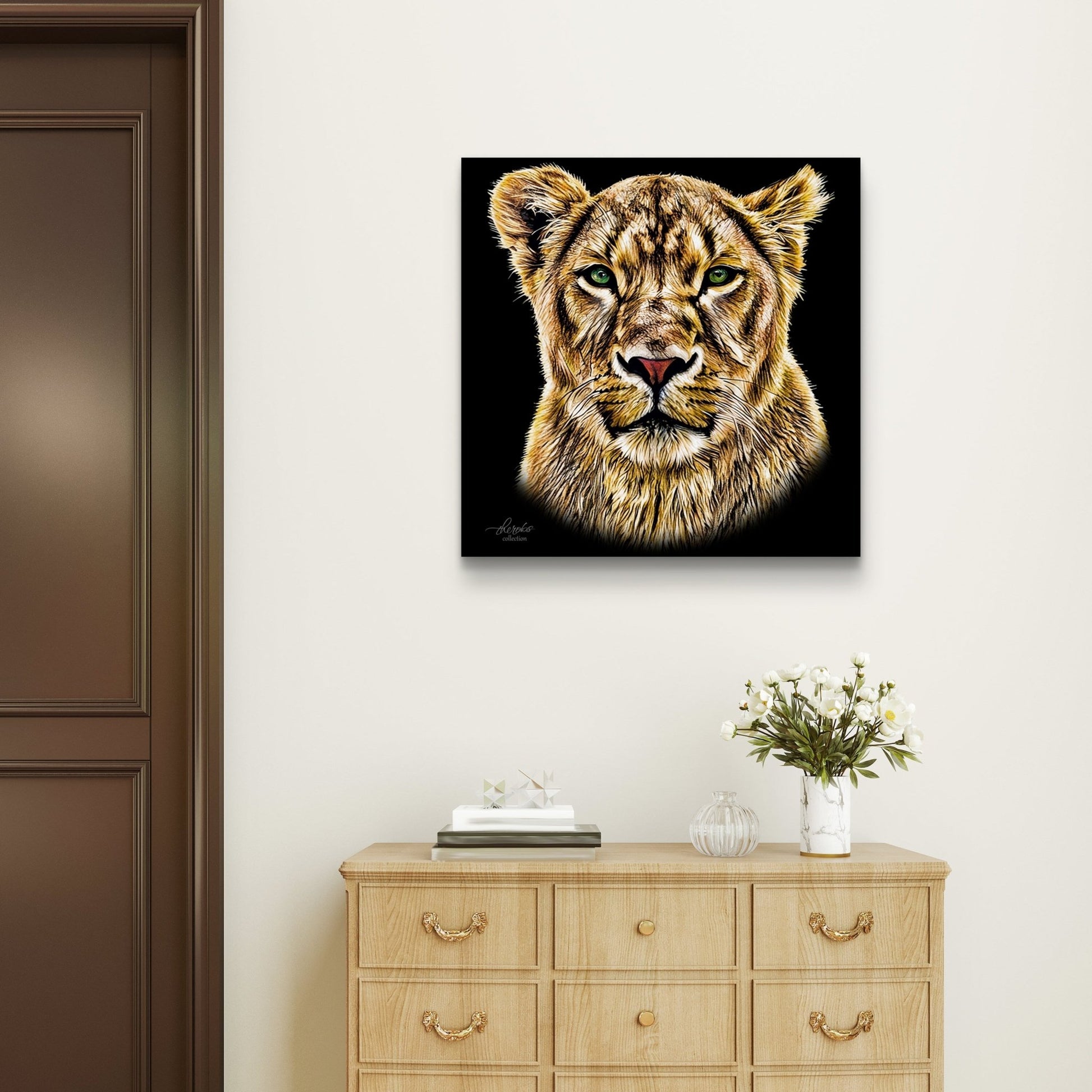 Lioness Satin Stretched Black Canvas Print - HD Printing