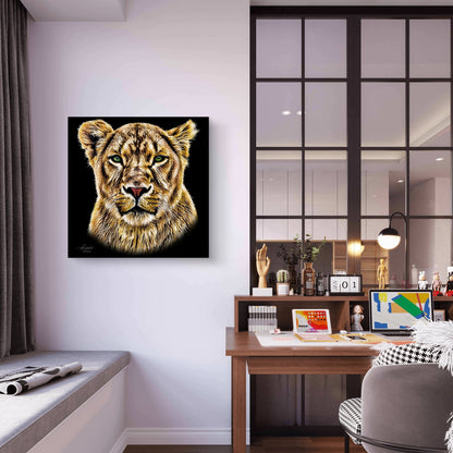Lioness Satin Stretched Black Canvas Print - HD Printing