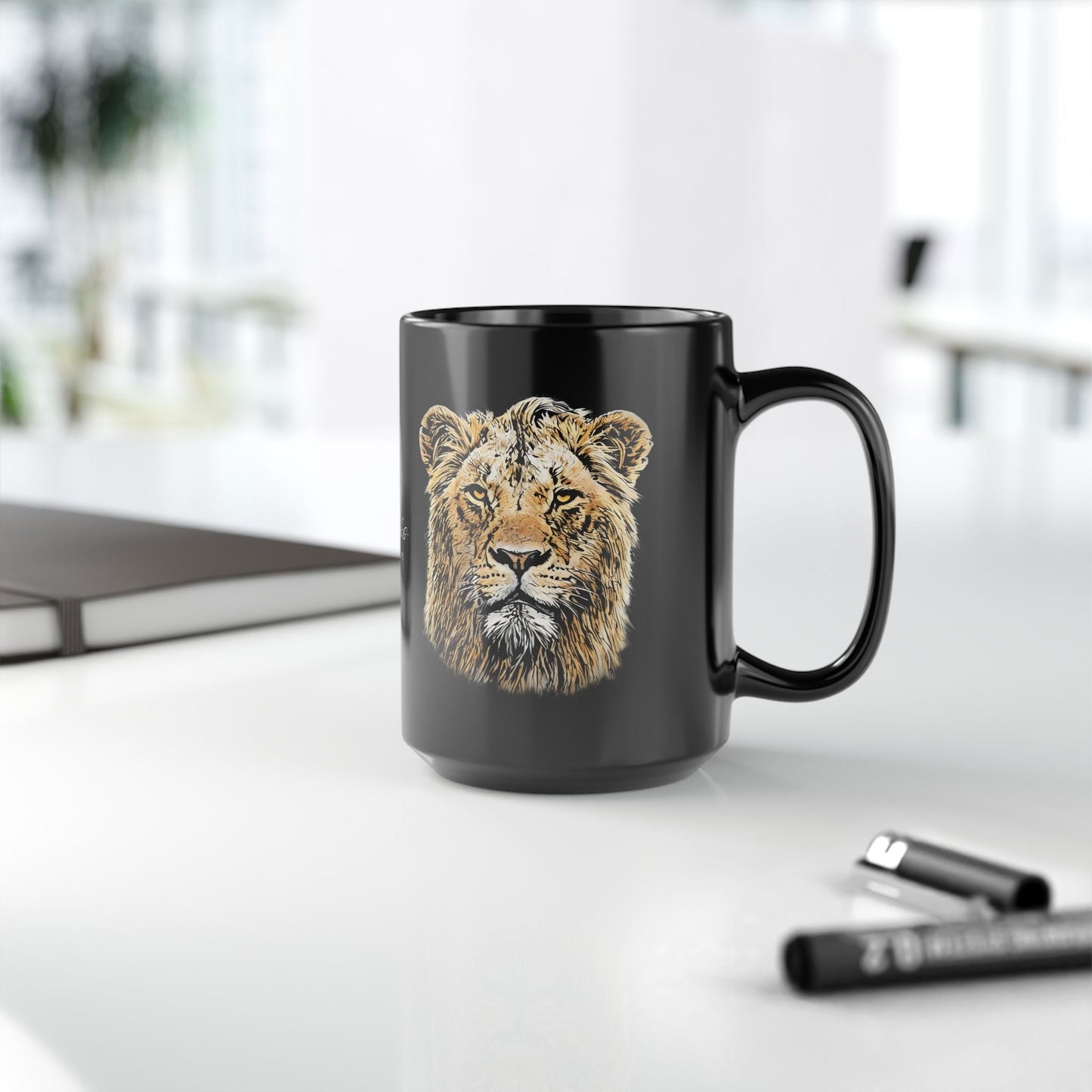 Male Lion 15oz Black Ceramic Coffee Mug - HD Printing