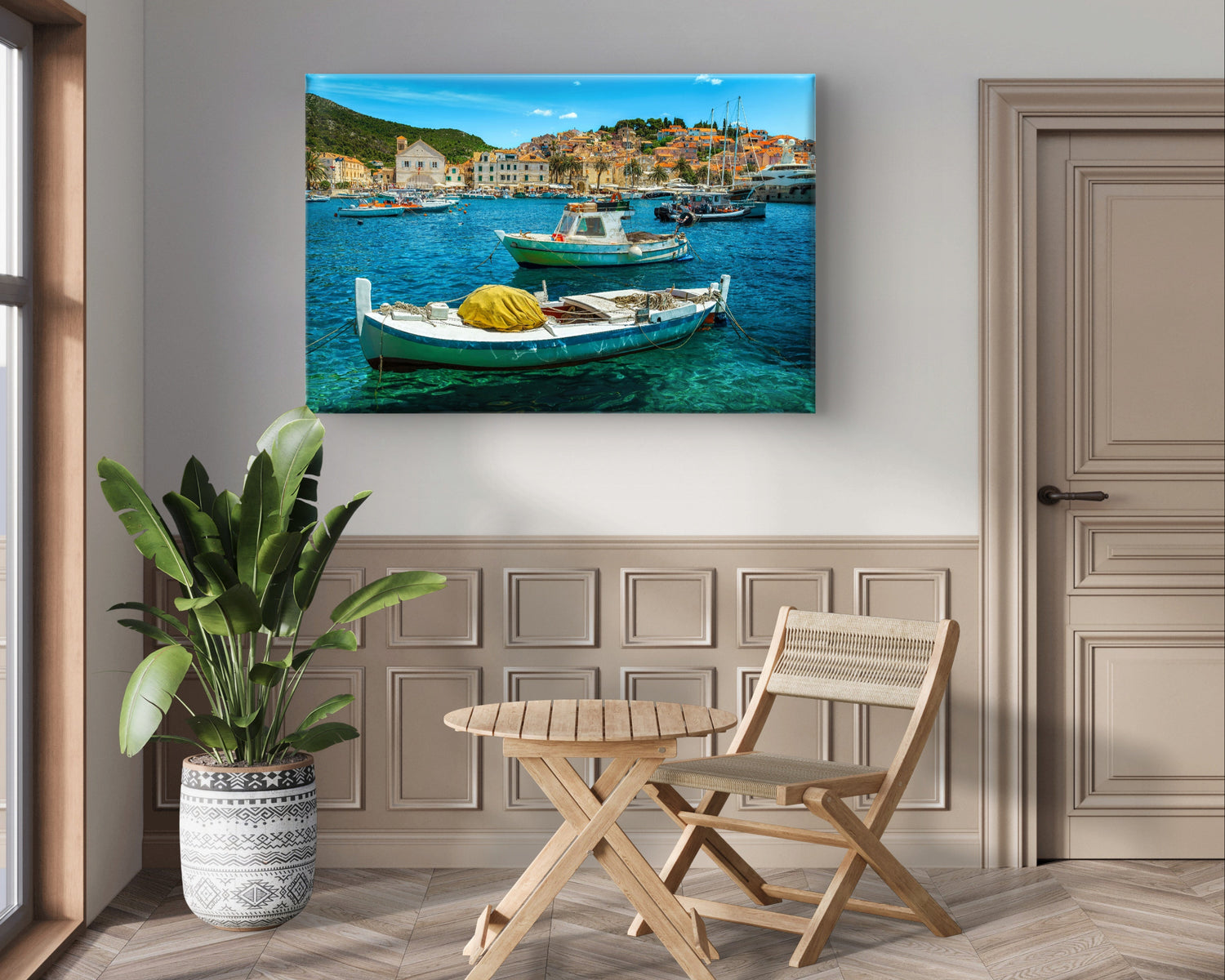 Med boat harbour scenic photo printed on stretched canvas